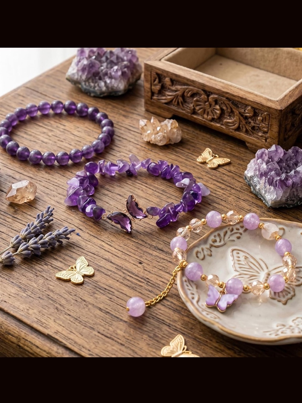 🆕New Healing Amethyst Butterfly Crystal Beaded Bracelets with Butterfly Charms